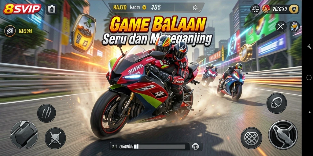Screenshot gameplay 8SVIP menampilkan balapan motor yang seru dan mendebarkan.