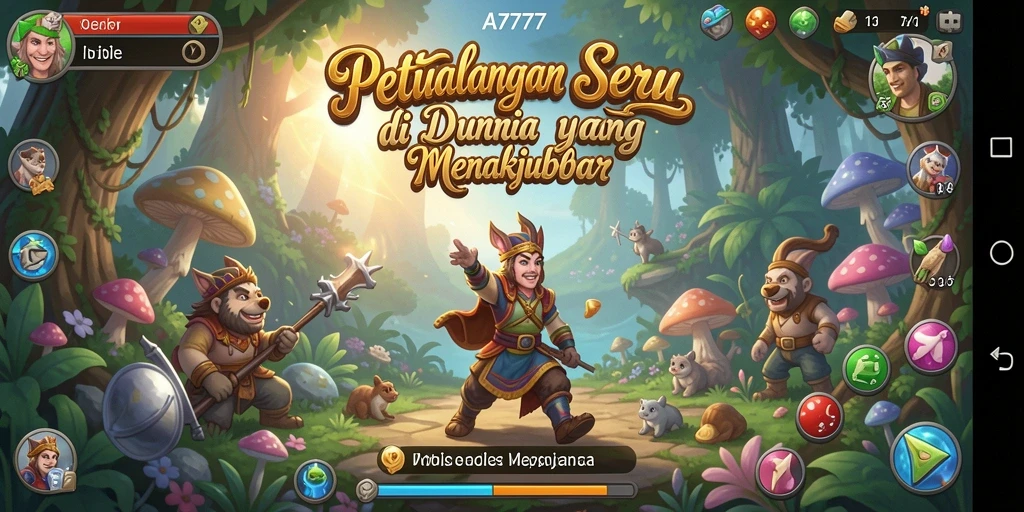 Screenshot A7777 menampilkan karakter utama menjelajahi dunia petualangan yang menakjubkan.