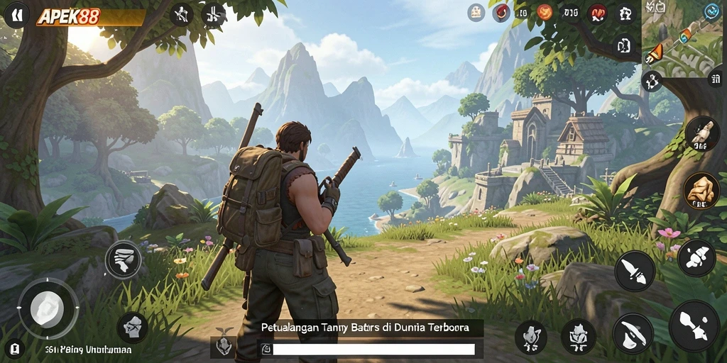 Screenshot gameplay APEK88 menunjukkan petualangan seru di dunia terbuka.