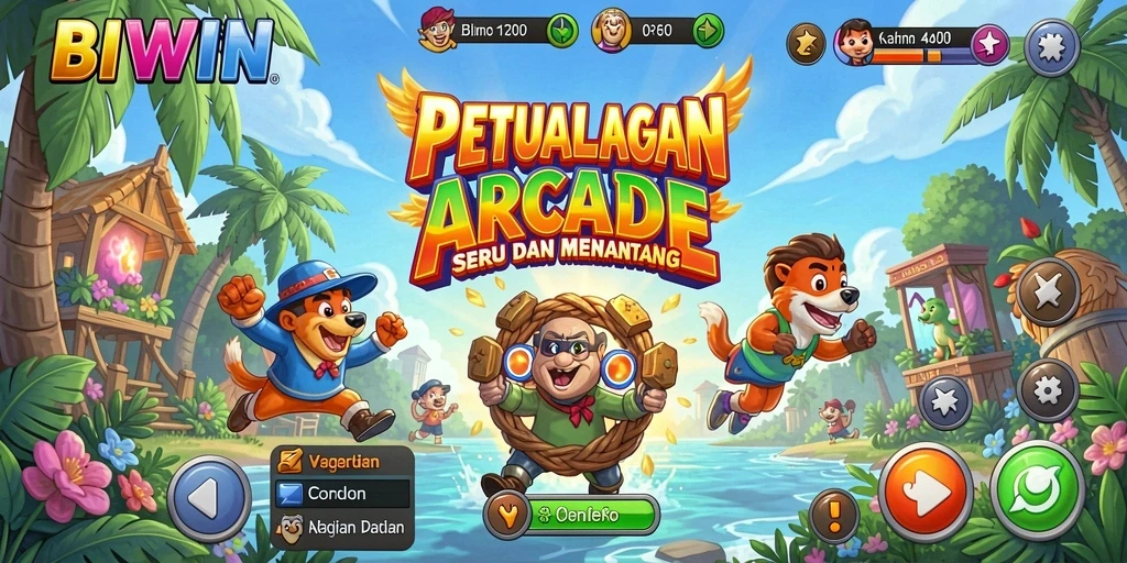 Tampilan utama BIWIN menampilkan karakter lucu dalam aksi arcade seru.