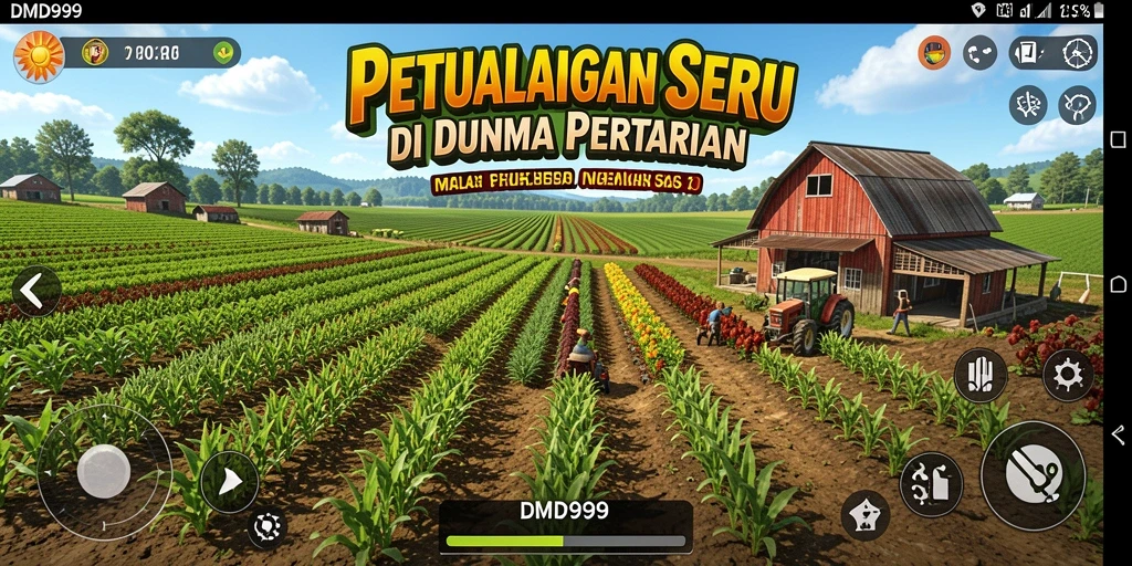 Screenshot gameplay DMD999 menampilkan ladang yang subur dan hewan ternak berkualitas.