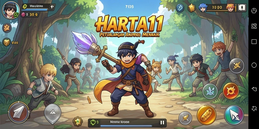 Menggambarkan aksi seru dalam game Anime HARTA11 yang penuh warna.