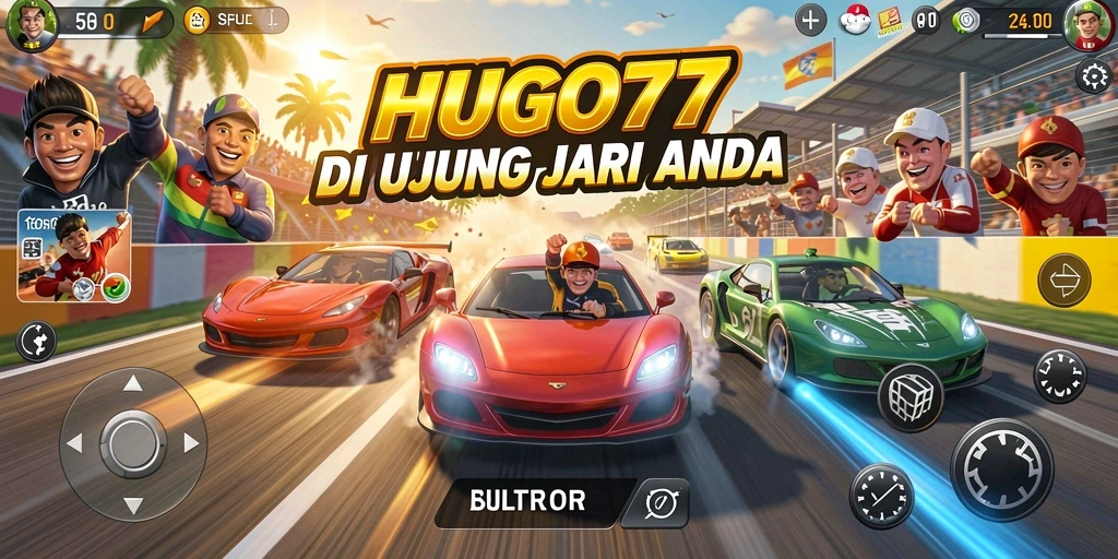 Screenshot gameplay balapan HUGO77 dengan mobil berkecepatan tinggi.