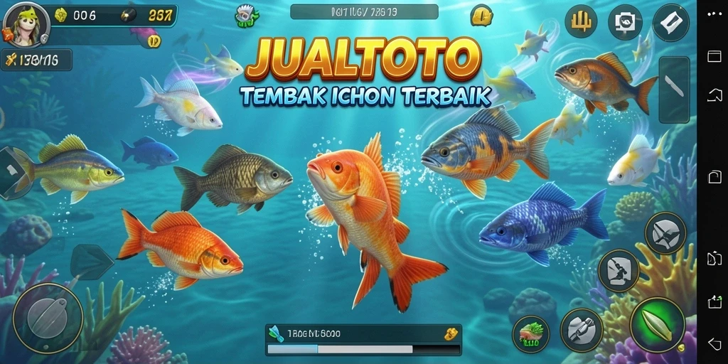 Tampilan screenshot gameplay JUALTOTO dengan aksi menembak ikan.