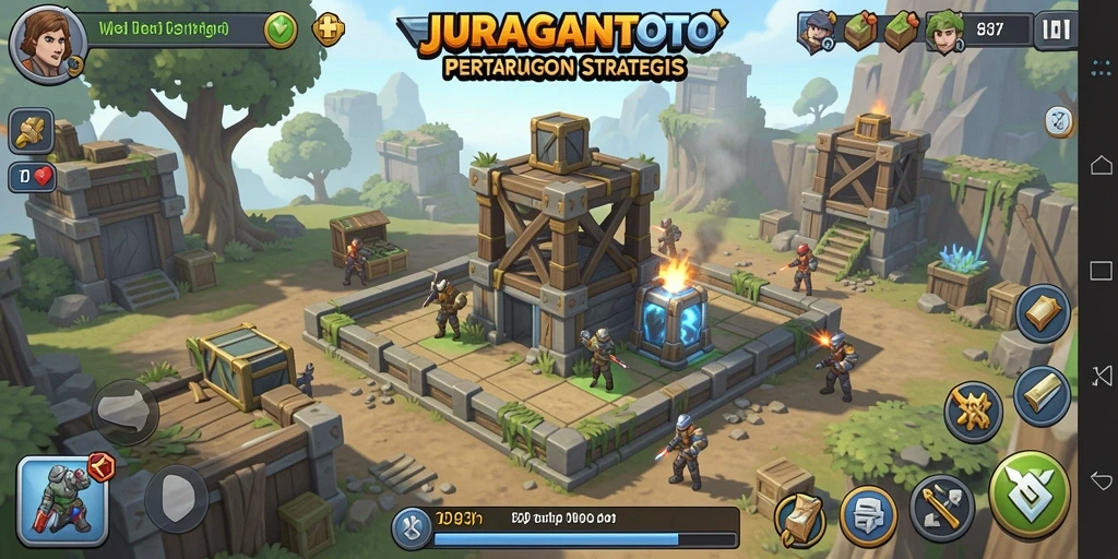 Screenshot gameplay JURAGANTOTO menampilkan pertarungan menara melawan gelombang musuh.