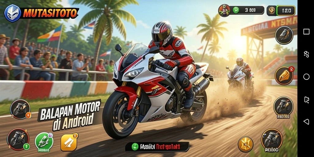 Gameplay seru MUTASITOTO dengan aksi balapan motor mendebarkan.