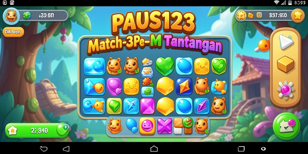 Menampilkan gameplay seru dari PAUS123 dengan pencocokan item match-3.