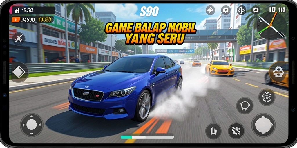 Screenshot gameplay S80 menunjukkan aksi balapan yang intens dan grafis menakjubkan.
