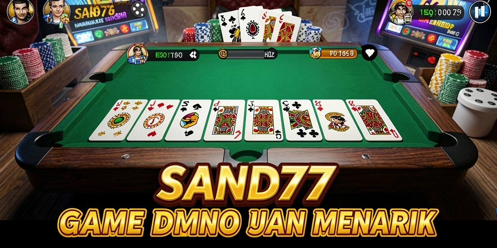 Tampilan gameplay SAND77 dengan domino dan pemain yang bersaing.