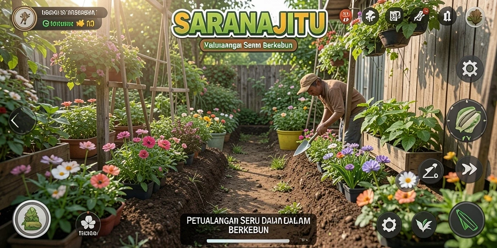 Screenshot utama SARANAJITU menunjukkan aktivitas seru dalam berkebun.