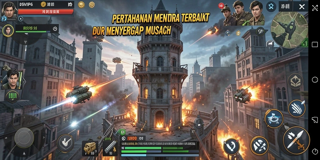 Gameplay SVIP6 dengan menara pertahanan yang megah.